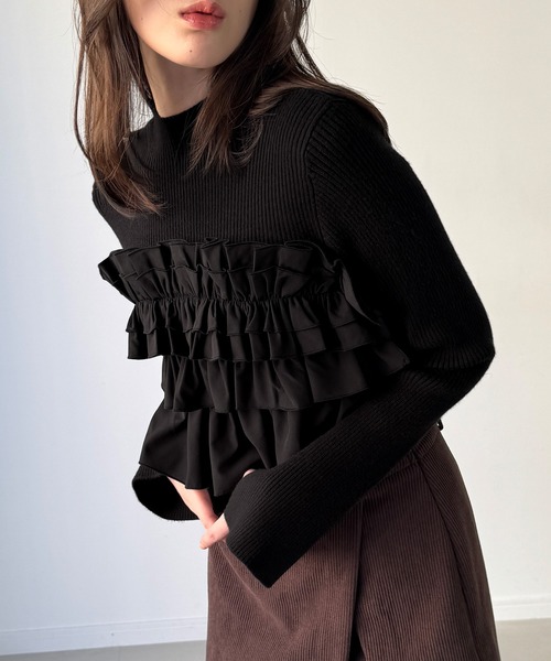JUNOAH（ジュノア） ニット セーター フリルビスチェ風ドッキング