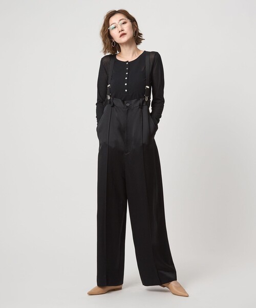 conte パンツ 「conte」サテン サスペンダー ワイドパンツ レディース