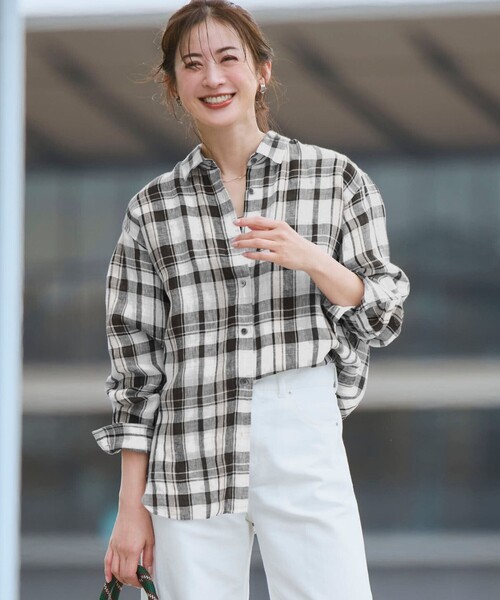 【美品】リネン　チェック　シャツ　ブラウス リネンシャツ ブラウス シャツ LIBECOリネン チェック レディース