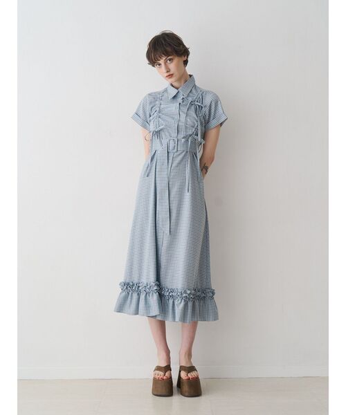 ワンピース アシメギャザーシャツワンピースの画像