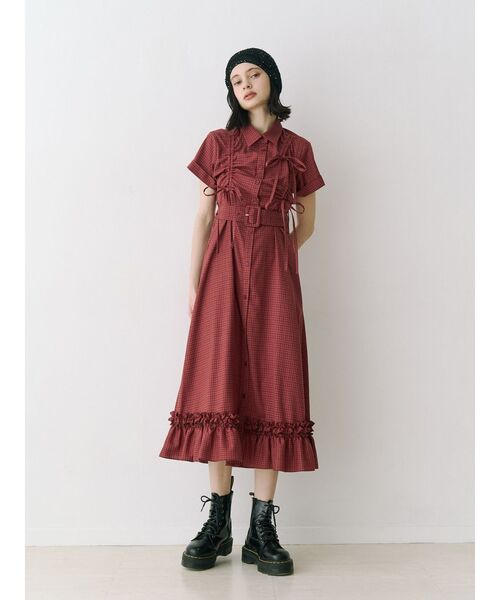 ワンピース アシメギャザーシャツワンピースの画像