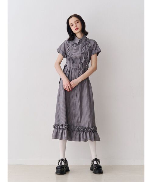 ワンピース アシメギャザーシャツワンピースの画像