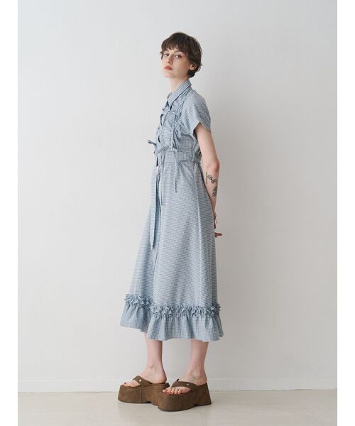 ワンピース アシメギャザーシャツワンピースの画像