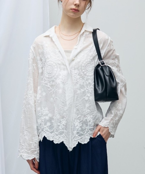 Aunue リネンシャツ ブラウス シャツ 夏 スカラップヘムレースシャツ
