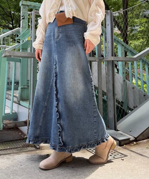 デニムフリルスカート 新品タグ付き w closet（ダブルクローゼット） ロング スカート 「低身長/高身長