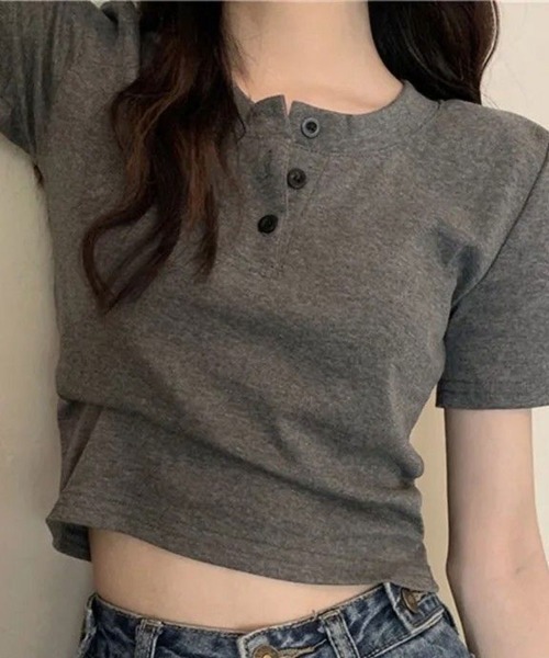 Searoomlynn ヘンリーネックハーフスリーブトップス　トップス ヘンリーネック tシャツ 半袖 前ボタンハーフスリーブトップス