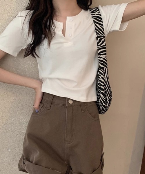 ヘンリーネック tシャツ 半袖 前ボタンハーフスリーブトップス