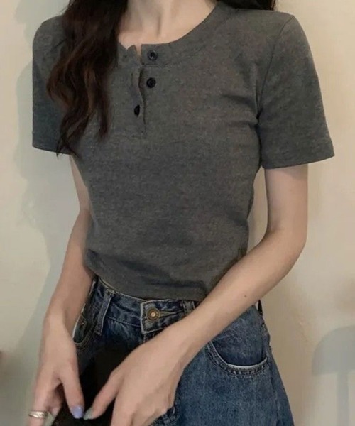 ヘンリーネック tシャツ 半袖 前ボタンハーフスリーブトップス