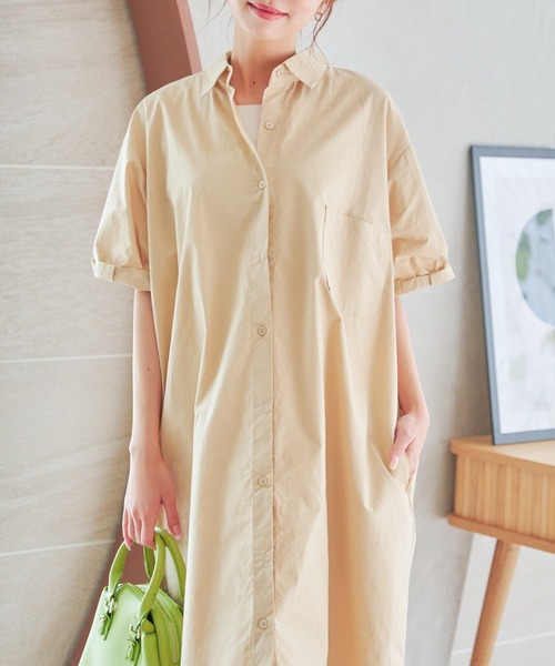 ベージュ 半袖シャツワンピース　中古品 one*way - one*way♡半袖シャツワンピース♡ドット柄ミニワンピ