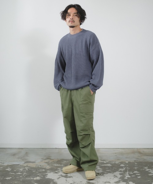 美品　Null. 肩パッド入り ニットトップス　クルーネックニット　配色 NULL セーター ニット 「NULL」畦編み クルーネック プルオーバー