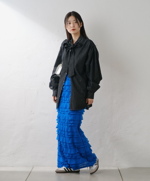 スカート 「細見え/低身長サイズ」カットフリルIラインスカート  