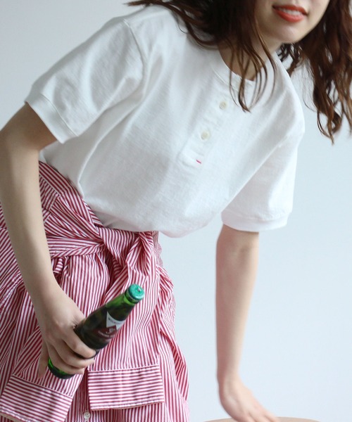 parici 度詰め丸胴天竺 ヘンリーネック半袖Tシャツ　ピンク 度詰め丸胴天竺 ヘンリーネック半袖Tシャツ（Tシャツ/カットソー
