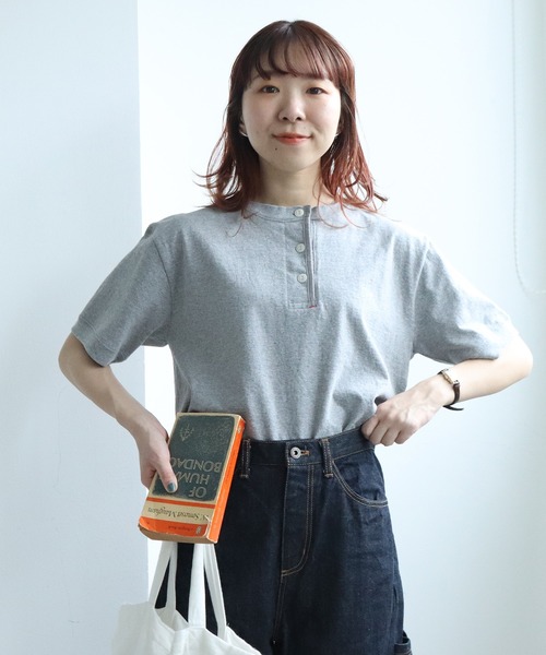 parici 度詰め丸胴天竺 ヘンリーネック半袖Tシャツ　ピンク PAR ICI tシャツ 度詰め丸胴天竺 ヘンリーネック半袖Tシャツ