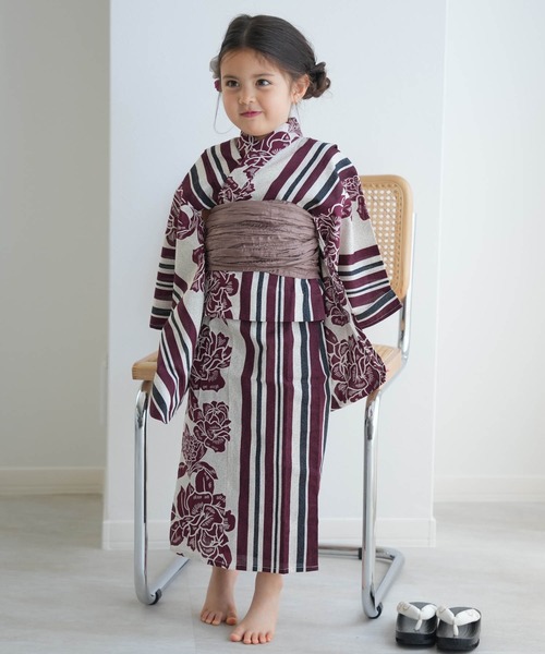 Utatane 浴衣3点セット 大正浪漫えんじ縞と牡丹の染分け utatane 浴衣 キッズ浴衣3点セット ニコアンティーク 大正浪漫えんじ縞