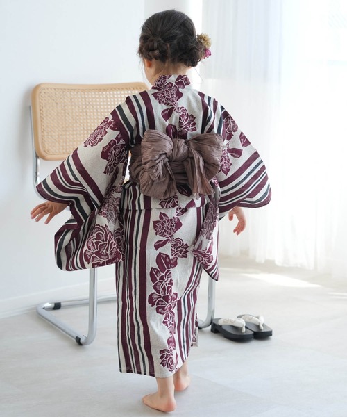 Utatane 浴衣3点セット 大正浪漫えんじ縞と牡丹の染分け utatane 浴衣 キッズ浴衣3点セット ニコアンティーク 大正浪漫えんじ縞