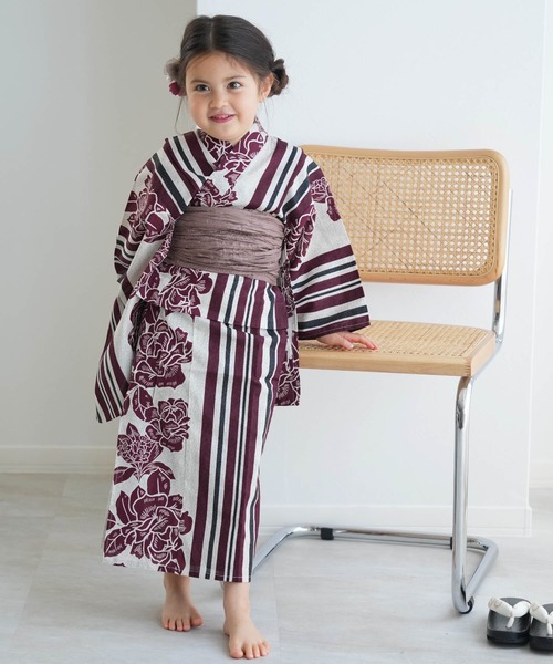 utatane 浴衣 キッズ浴衣3点セット ニコアンティーク 大正浪漫えんじ縞