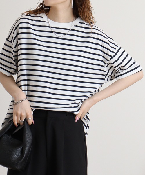atONE tシャツ ボーダーOE天竺折り返しドルマンプルオーバー