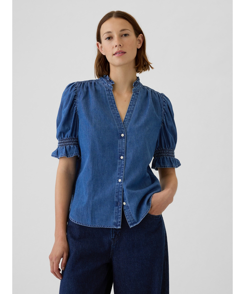 【試着のみ美品】デニムブルー パフスリーブブラウス　Lサイズ デニムパフスリーブブラウス - ダークデニムブルー - レディース