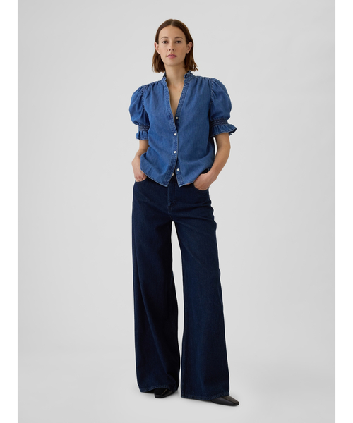 【試着のみ美品】デニムブルー パフスリーブブラウス　Lサイズ デニムパフスリーブブラウス - ダークデニムブルー - レディース
