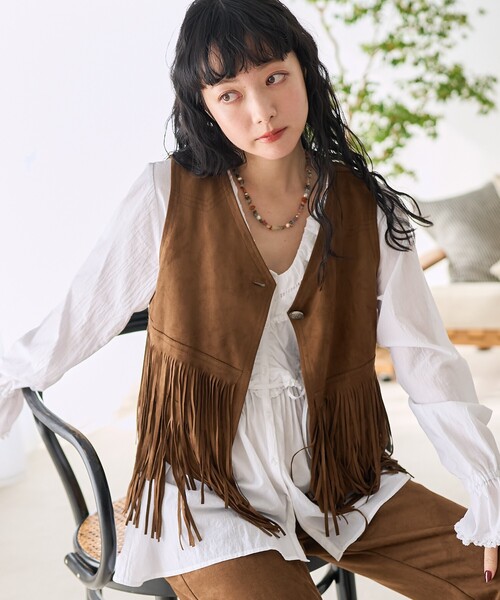 【70s~】フリンジベスト　ベージュ　スエード　レザー　ハンドメイド　ウエスタン 70s~】フリンジベスト ベージュ スエード レザー ハンドメイド