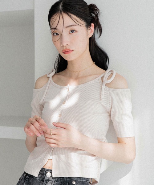 tシャツ 肩リボンオフショルカットソー レディース ショルダーリボンオフショルTシャツ | レディースファッション