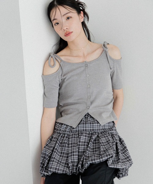 tシャツ リボンモチーフダメージ加工オフショルロンT レディース Heather tシャツ リボンオフショルカットTEE 452631 レディース