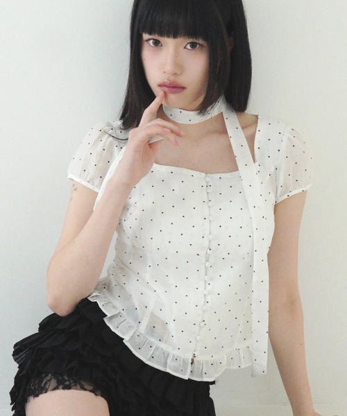 ブラウス シャツ 「日本未発売/WEB限定」ILLIGO(イリゴ)/チョーカー付き リボン タイ スクエアネック ブラウス/RIBBON TIE SQ