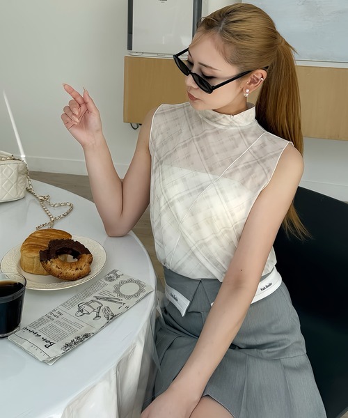 tシャツ チェックチュールノースリーブトップス レディース