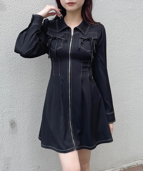 bibiy. lisa op 　フロントジップ　ワンピース　ブラック one way ワンピース 長袖フロントジップワンピース : ZOZOTOWN