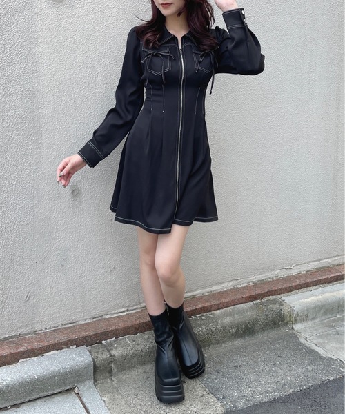 bibiy. lisa op 　フロントジップ　ワンピース　ブラック one way ワンピース 長袖フロントジップワンピース : ZOZOTOWN
