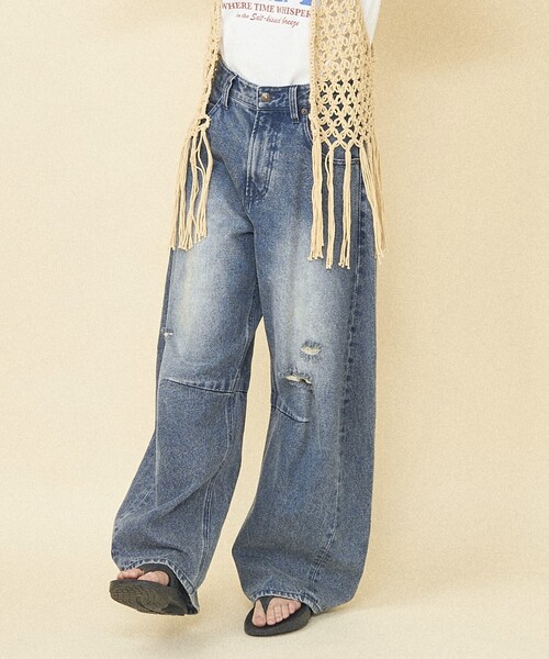 「FREAK'S STORE」 ダメージ加工デニムパンツ MEDIUM ブルー レディース_画像6