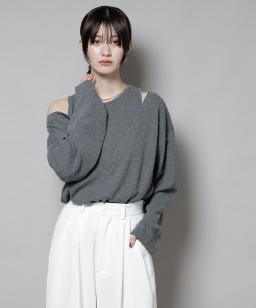 tシャツ フェイクレイヤードワッフルカットトップス レディース