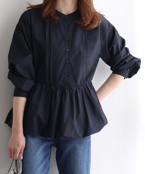 Pierrot（ピエロ） ブラウス シャツ バンドカラーバルーンペプラム