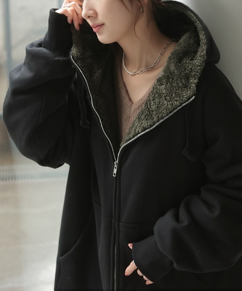 HUG.U（ハグユー） パーカー 全身暖か 裏ボア ダブルジップロング