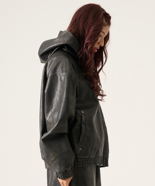 ブルゾン アウター FUBU フブ ブランド Faux Leather Hoodie / フェイクレザーパーカー PUレザー（セットアップ対応）の画像