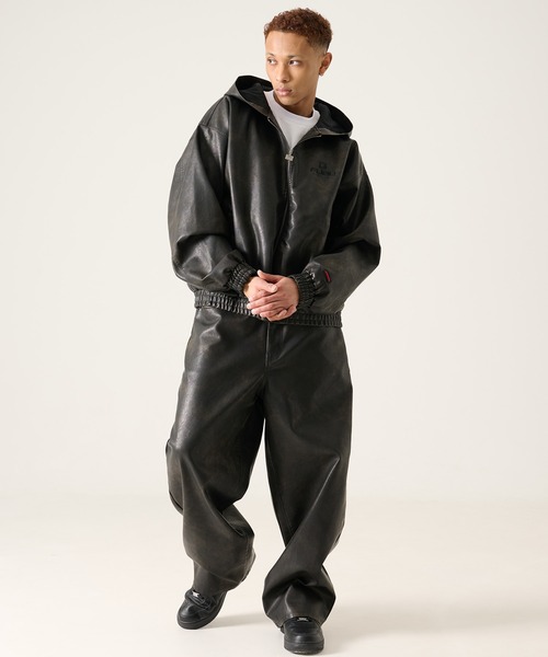 ブルゾン アウター FUBU フブ ブランド Faux Leather Hoodie / フェイクレザーパーカー PUレザー（セットアップ対応）の画像