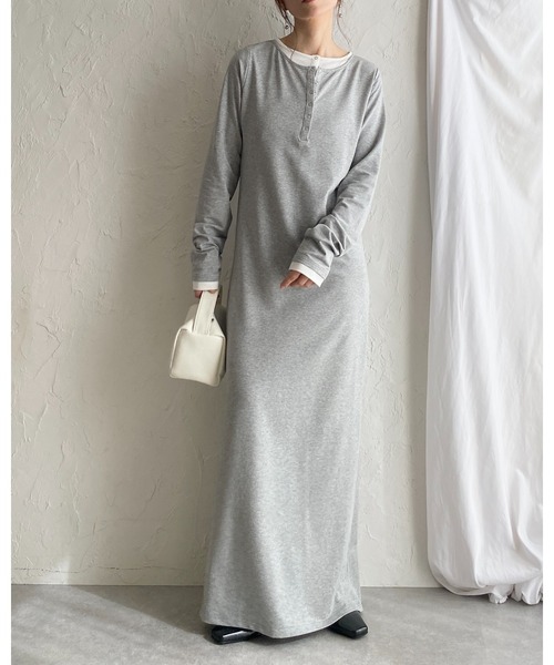 She's Closet ワンピース 長袖ロング丈 配色 レイヤード風 ヘンリー