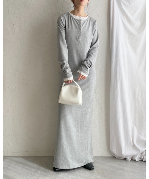 She's Closet ワンピース 長袖ロング丈 配色 レイヤード風 ヘンリー