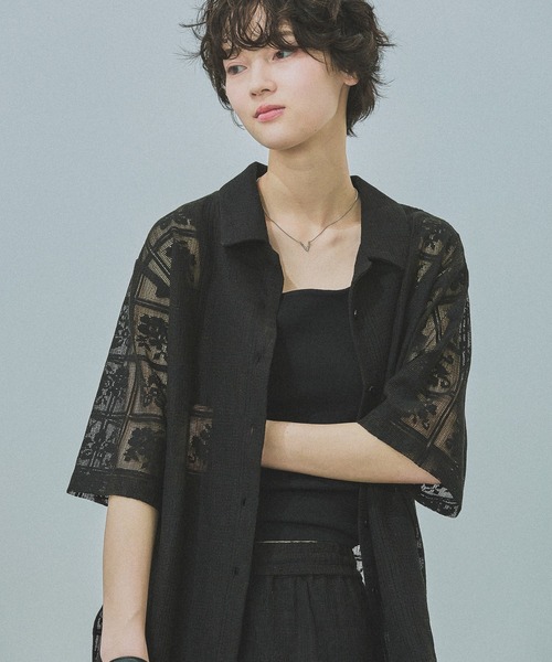 LAKOLE（ラコレ） ブラウス シャツ 半袖 ブロックレースシャツ