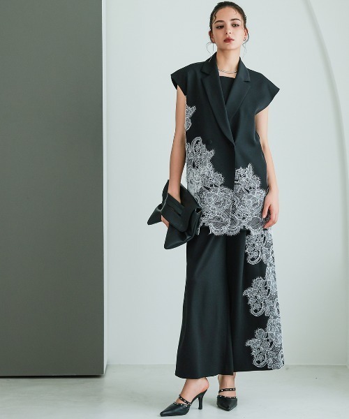 Callarus パンツドレス 「セットアップ」アシメレース刺繍デザインジレ