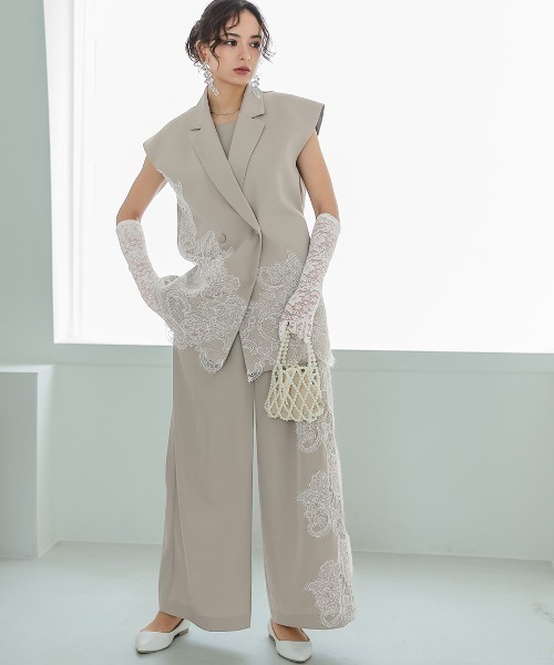 Callarus パンツドレス 「セットアップ」アシメレース刺繍デザインジレ