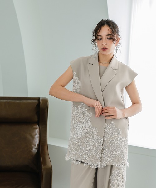Callarus パンツドレス 「セットアップ」アシメレース刺繍デザインジレ