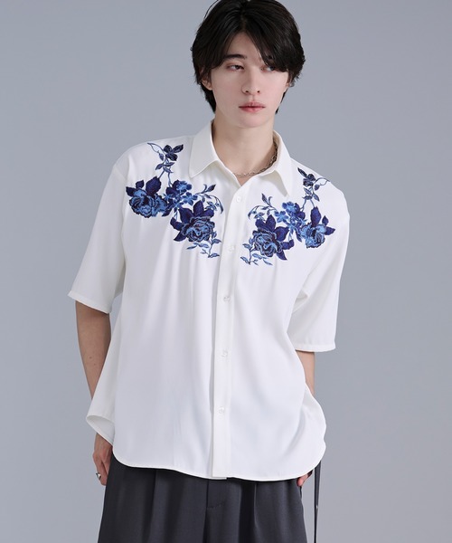 Ellno Loset（エルノロゼット） シャツ 半袖 フラワー刺繍トロミ