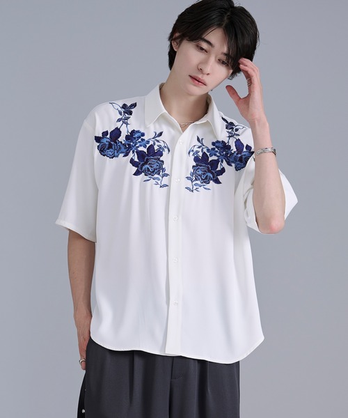 NOMINATE 刺繍 半袖ブラウス ホワイト Ellno Loset（エルノロゼット） シャツ 半袖 フラワー刺繍トロミ