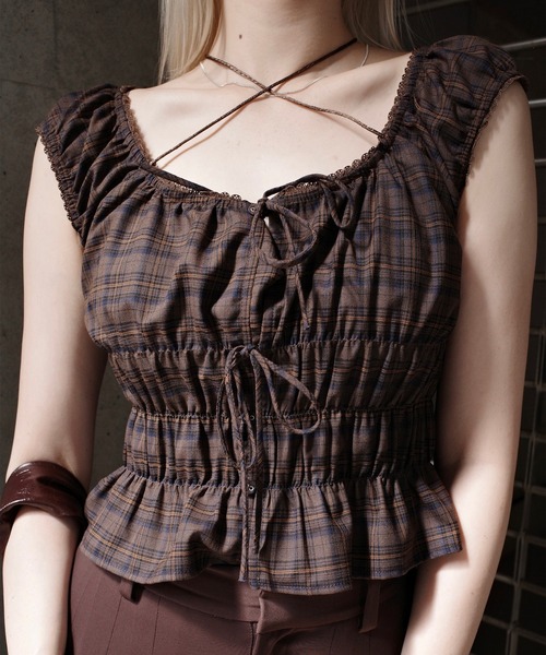 即日発送Ami ribbon check tops Ameri（アメリ） tシャツ CHECK SHIRRING RIBBON TOPS レディース