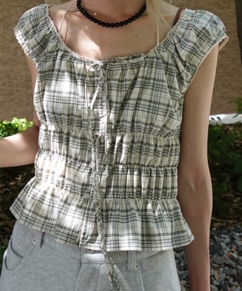即日発送Ami ribbon check tops Ameri（アメリ） tシャツ CHECK SHIRRING RIBBON TOPS レディース