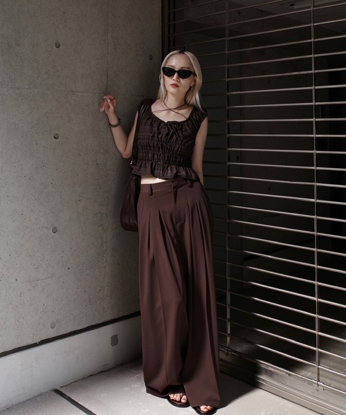 Ameri（アメリ） tシャツ CHECK SHIRRING RIBBON TOPS レディース