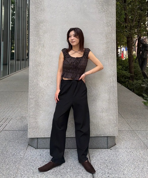 Ameri（アメリ） tシャツ CHECK SHIRRING RIBBON TOPS レディース