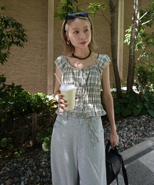 Ameri（アメリ） tシャツ CHECK SHIRRING RIBBON TOPS レディース