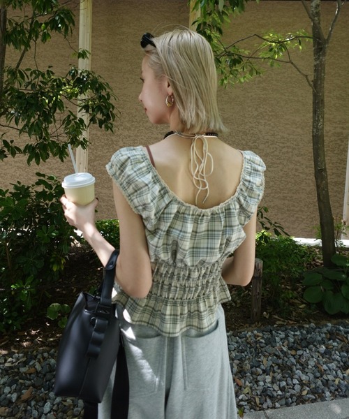 Ameri（アメリ） tシャツ CHECK SHIRRING RIBBON TOPS レディース